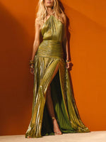 Load image into Gallery viewer, Womens Gold Metallic Halter Maxi Dress Backless N25A064
