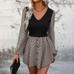 Load image into Gallery viewer, Patchwork Puff Sleeve Deep V Neck Dress Women Black N5A084