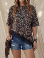 Load image into Gallery viewer, Leopard Print Lace Trim Loose Short Sleeve T-shirt N6D214