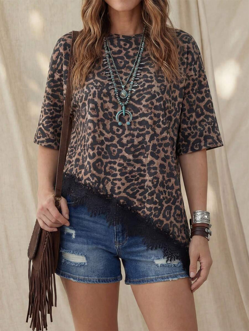 Leopard Print Lace Trim Loose Short Sleeve T-shirt N6D214