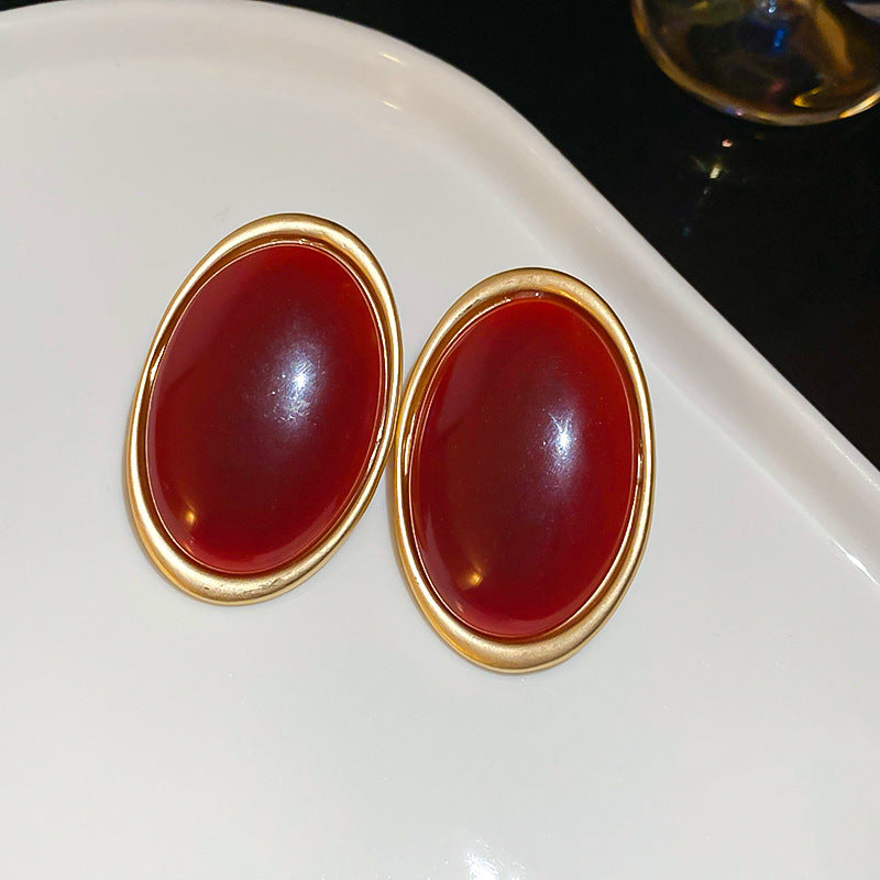Vintage Resin Oval Geometric Silver Stud Earrings N6H089