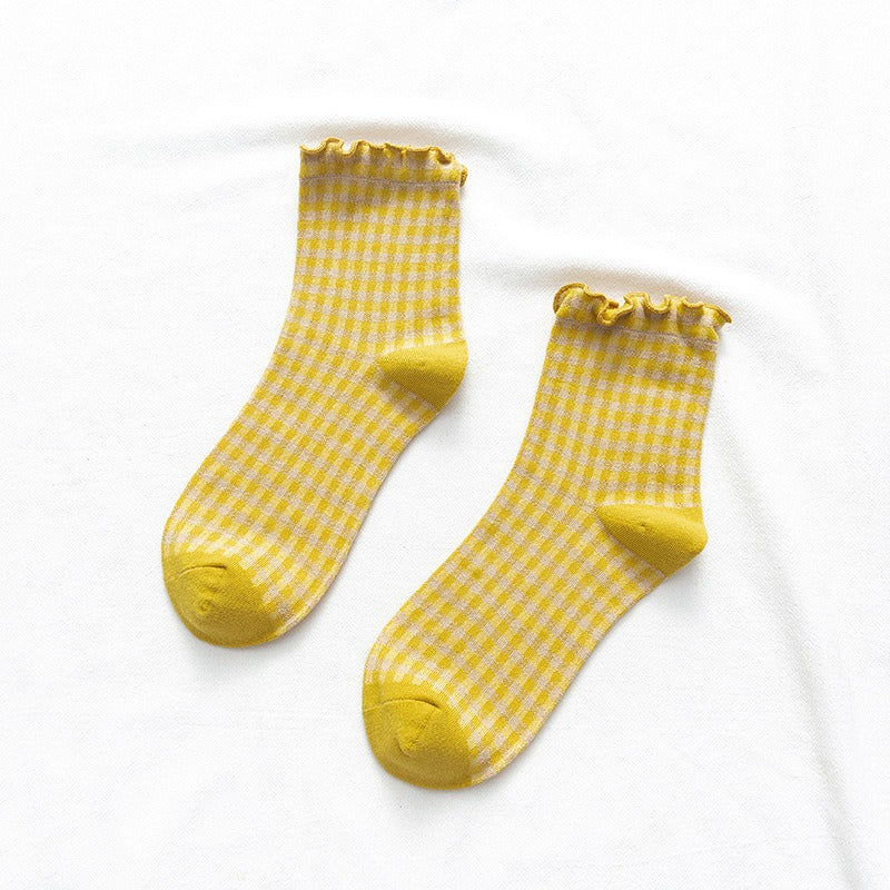 Plaid Ruffle Trim Mid-Calf Socks Women Preppy N6H006