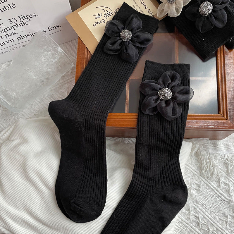 3D Floral Solid Mid-Calf Socks Women Cotton Black N6H033
