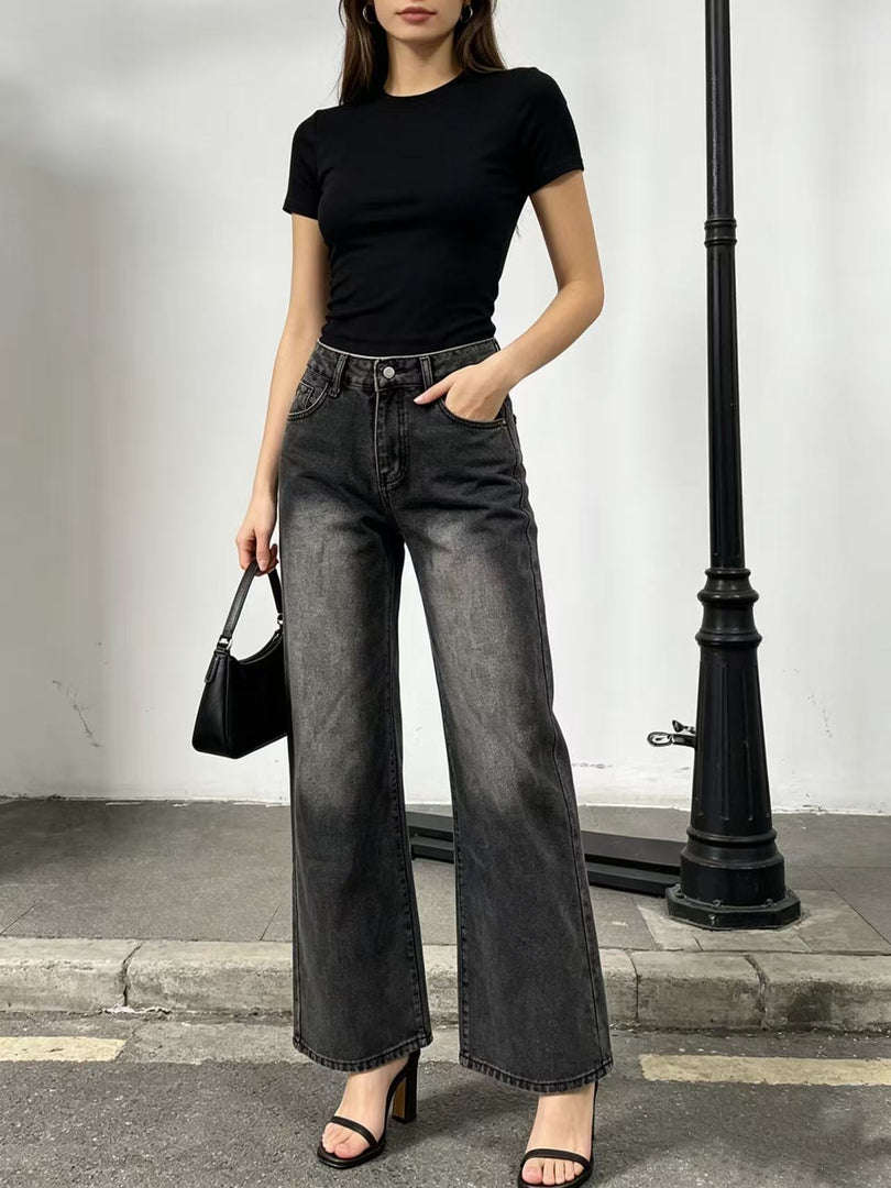 Relaxed Wide Leg Straight Fit Denim Jeans Women N6D162