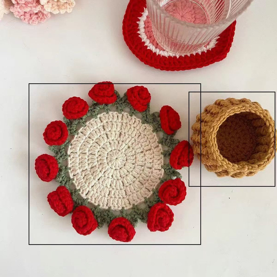 Handmade Rose Bouquet Coaster Crochet Cotton Round N6G049