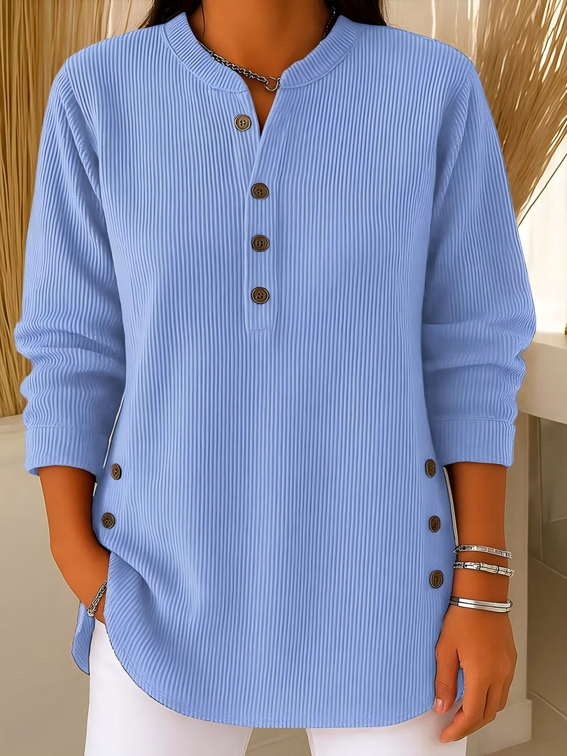 Solid Corduroy Texture V-Neck Button Down Relaxed Top N6G256