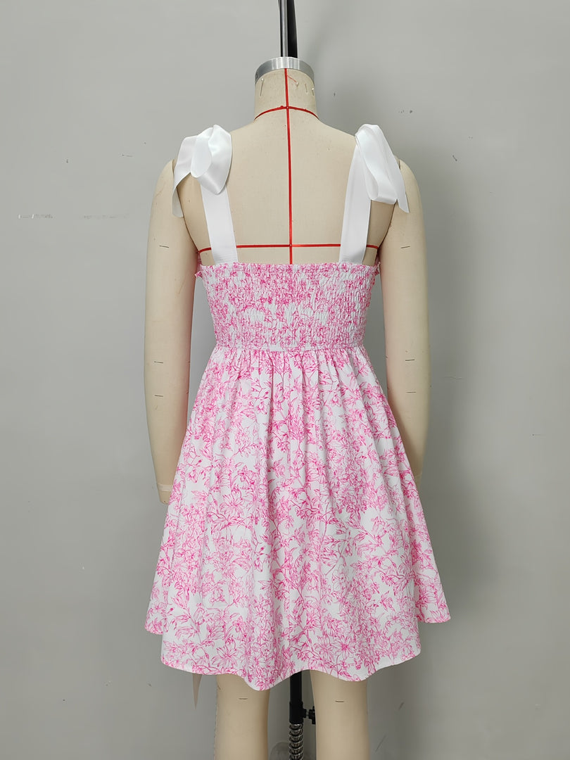 Pink Floral French Ruffle Tie Detail Maxi Dress Women N6D144