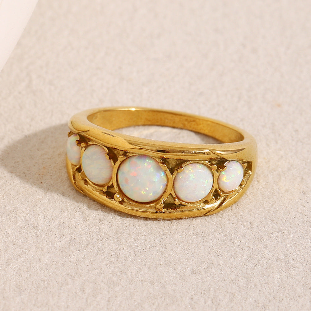 Opal French Ring Steel 18K Gold Vintage Luxury S5P021