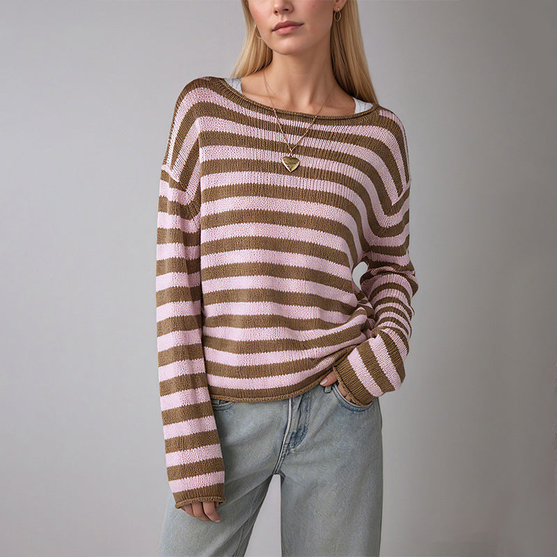 Striped Color-Block Loose Pullover Sweater Women N6H287