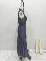 Load image into Gallery viewer, Blue Sleeveless Tie Waist Denim Style Maxi Dress N6F086