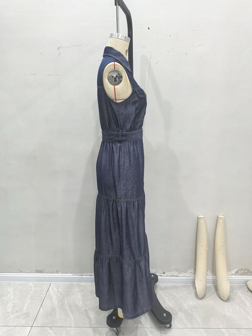 Blue Sleeveless Tie Waist Denim Style Maxi Dress N6F086