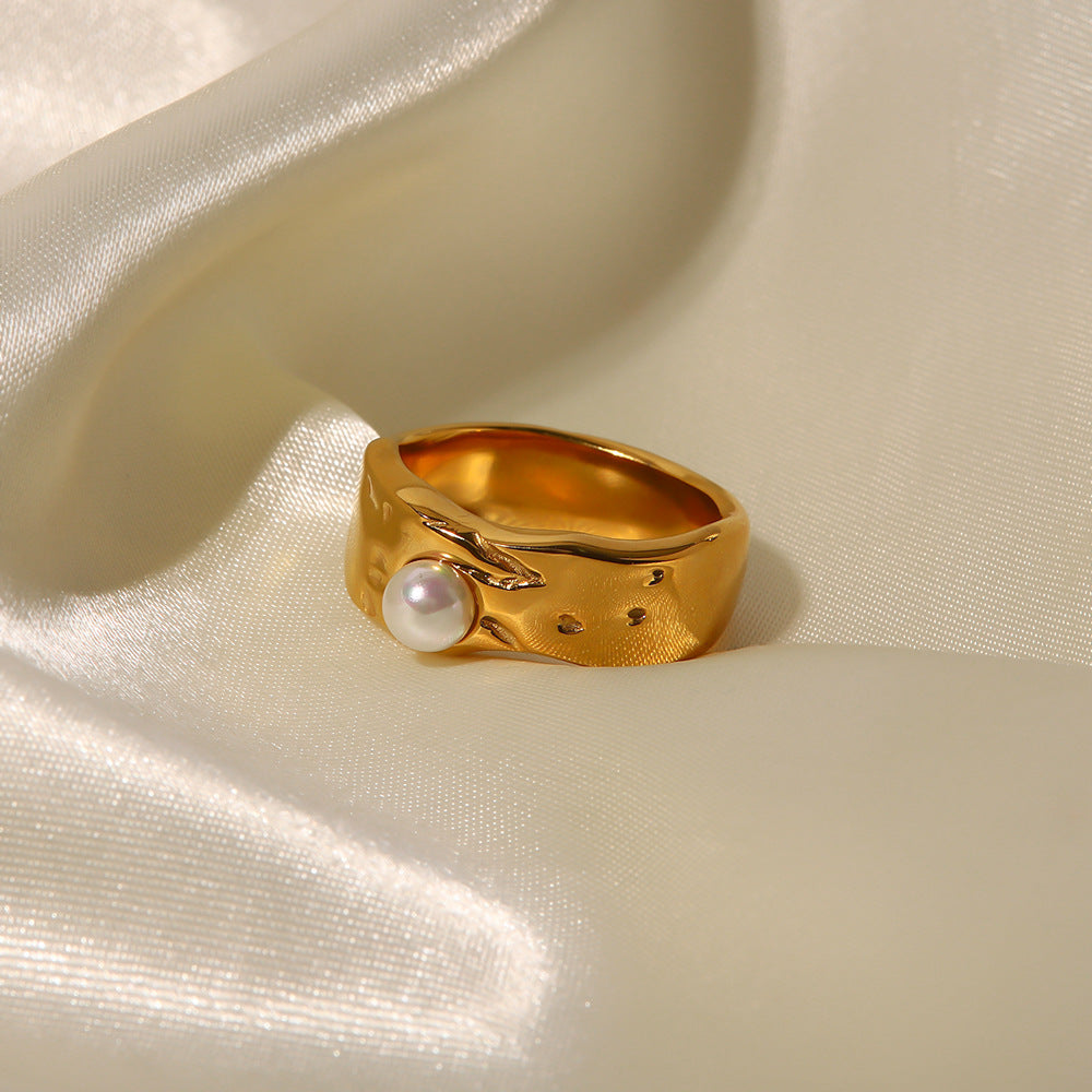 18K Gold Plated Lava Pearl Ring Women Titanium Steel N6H166