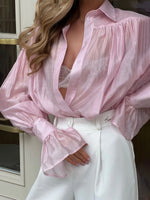Load image into Gallery viewer, French Satin Flounce Sleeve Lightweight Blouse Women N6D037