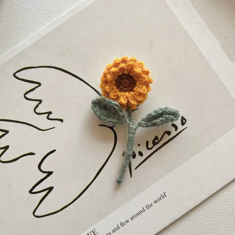 Hand Knit Sunflower Brooch Fabric Flower Pin N6G038