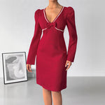 Load image into Gallery viewer, Deep V Neck Puffed Dress Pearl Accent High Waist Red N5Z469
