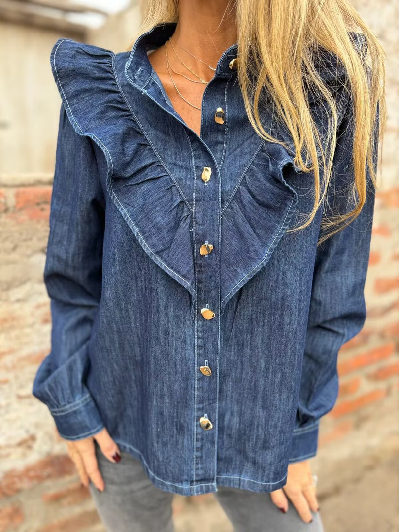 New Ruffle Trim Denim Shirt Jacket Women N6G296