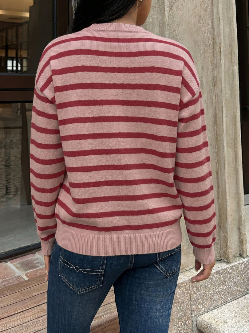 Casual Striped Round Neck Cardigan Sweater Women N6H298