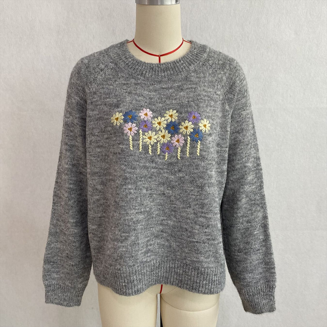 Daisy Floral Round Neck Loose Pullover Sweater N6H282