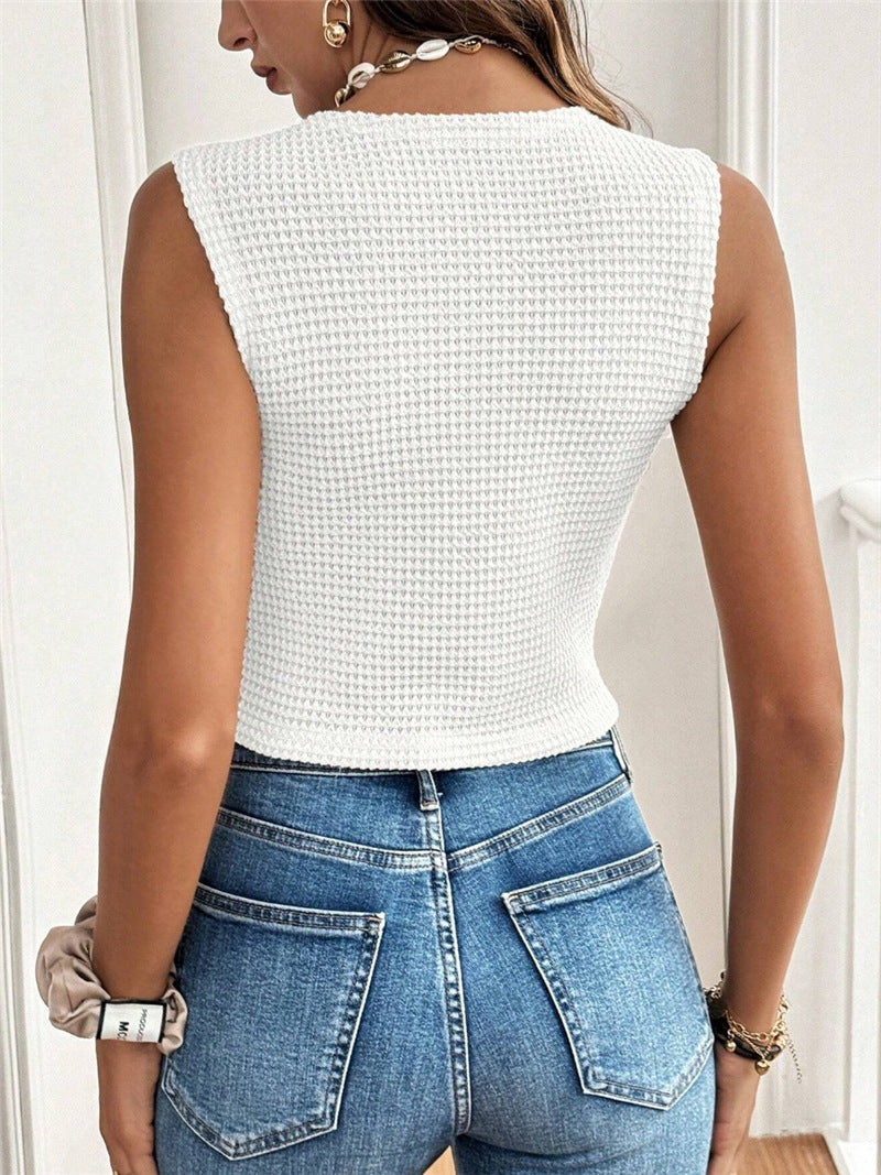 V Neck Button Front Sleeveless Vest Women N6C319