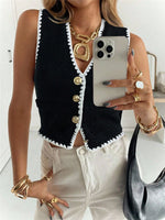 Load image into Gallery viewer, Color Block Lace Trim Knit Vest Cardigan Women N6C320