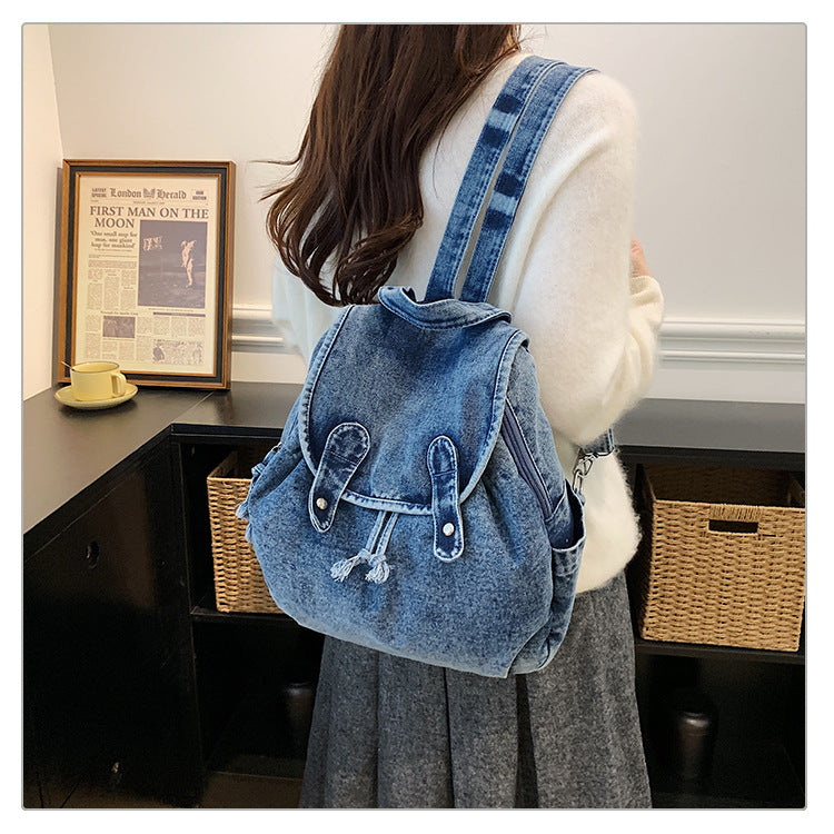 Unisex Denim Drawstring Flap Backpack N6J195