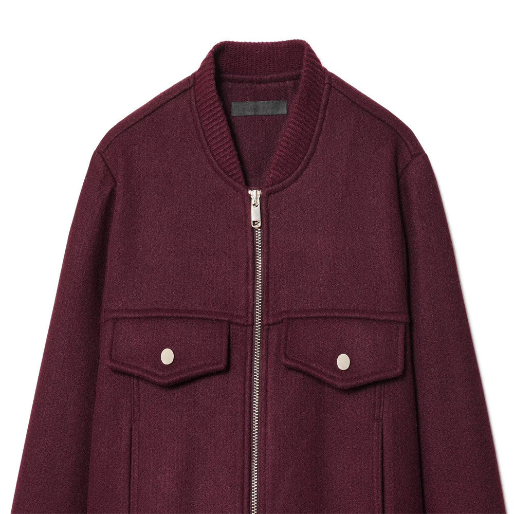 Round Neck Zip Soft Jacket Women Wine Red N5A403