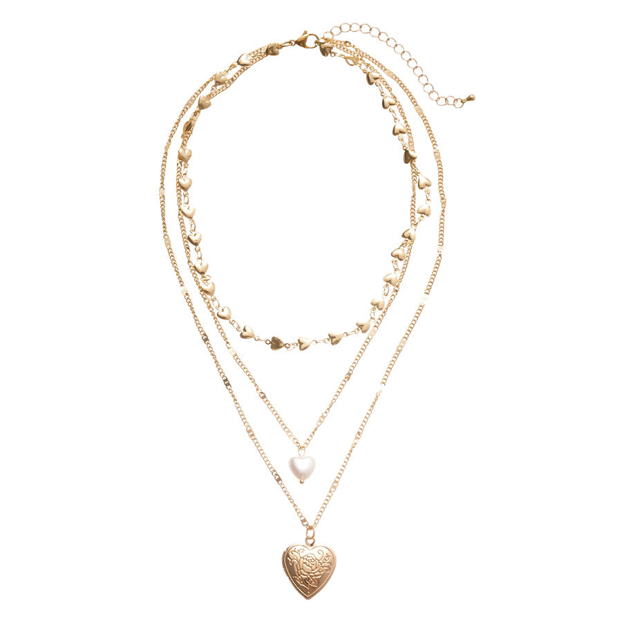 Vintage Faux Pearl Heart Layered Sweater Chain Women N6H149