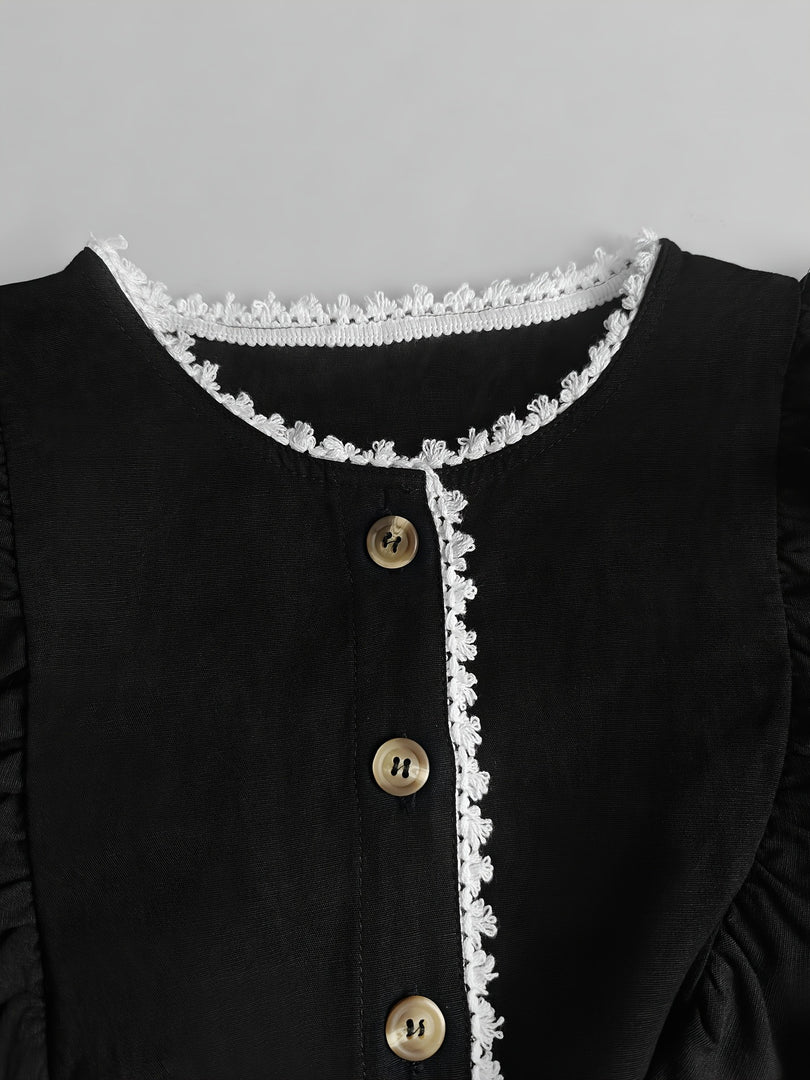 Black Puff Sleeve Lace Trim Blouse Women N6C261