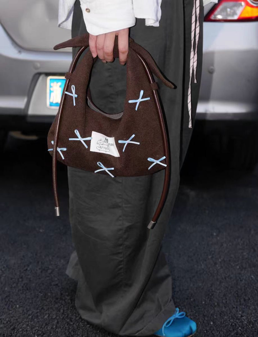 Embroidery Bow Tote Bag Women Boho Shoulder S5P813