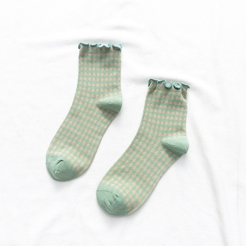 Plaid Ruffle Trim Mid-Calf Socks Women Preppy N6H006