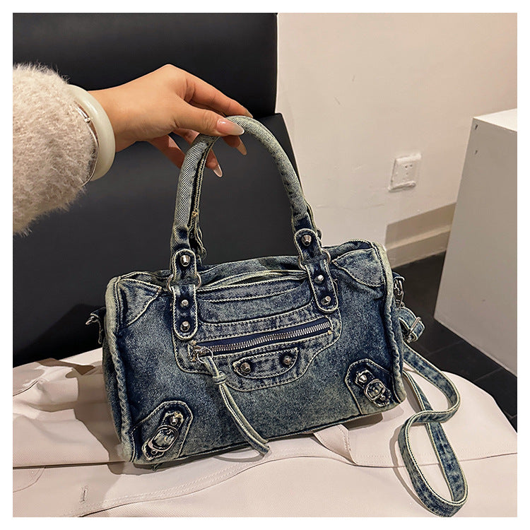 Women's Vintage Denim Studded Moto Tote Bag N6J198