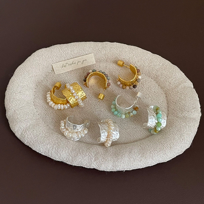 Hammered Pearl Stone Wide Stud Earrings Women N6H165