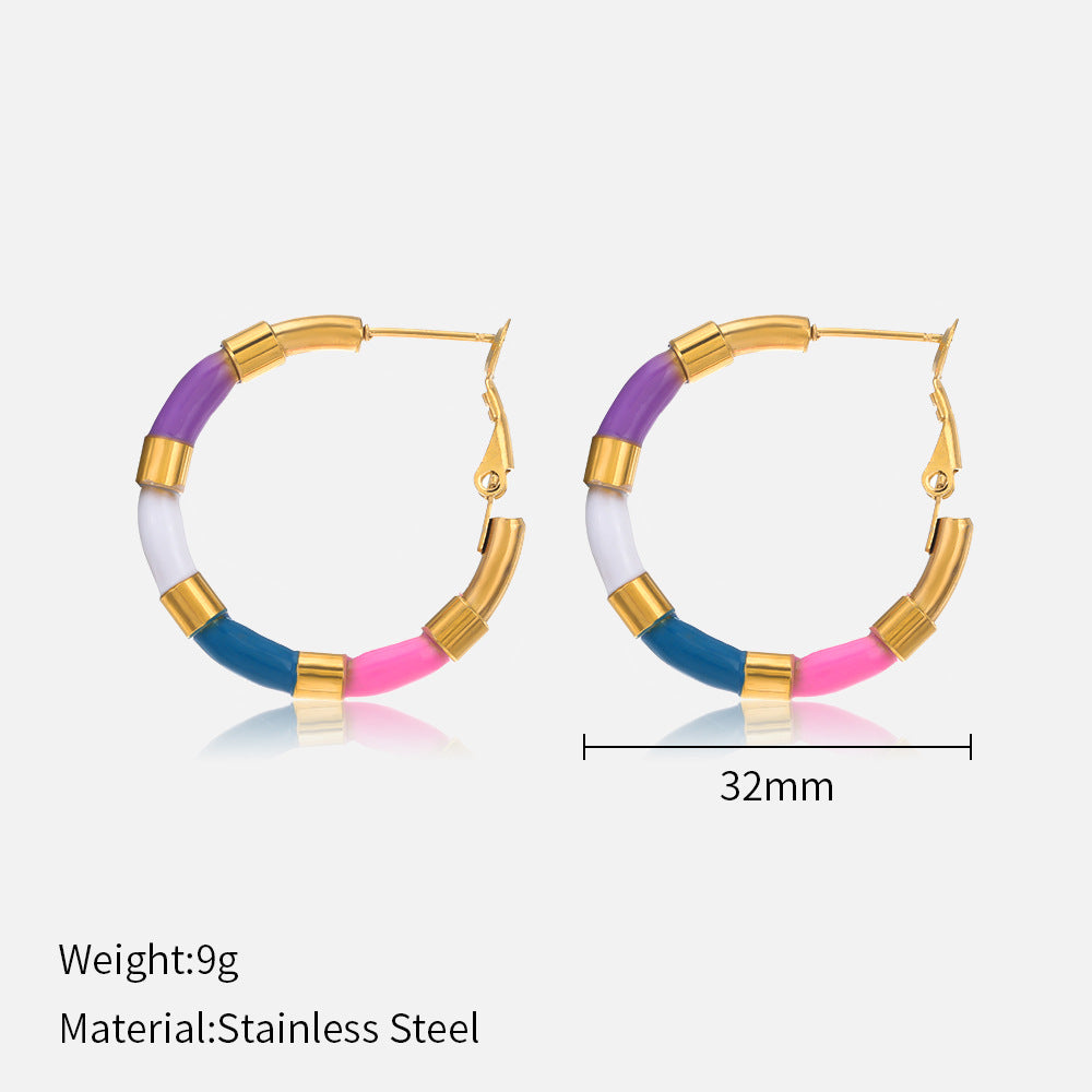 Color Drip Earrings Steel 18K Gold Geometric Round S5P088