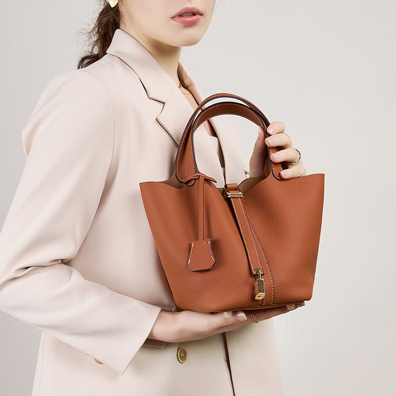 Genuine Leather Bucket Bag Handheld Shoulder Purse N6F148