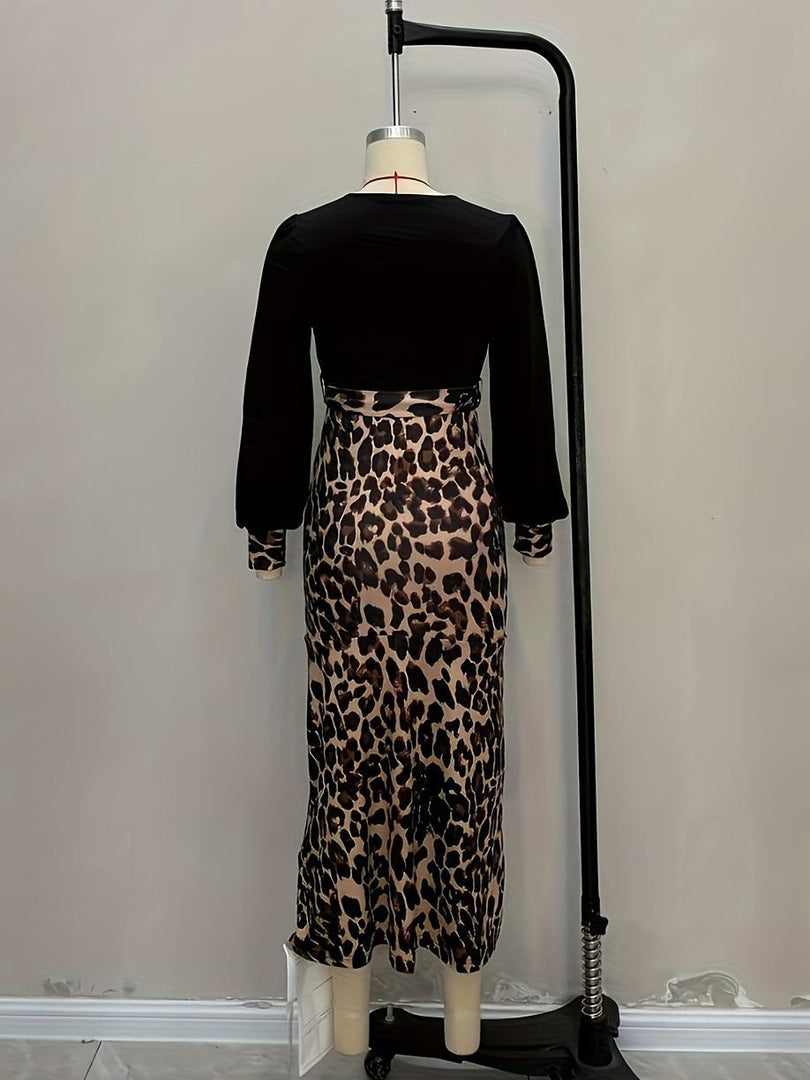 Leopard Print V neck High Slit Bodycon Dress Women N6C196