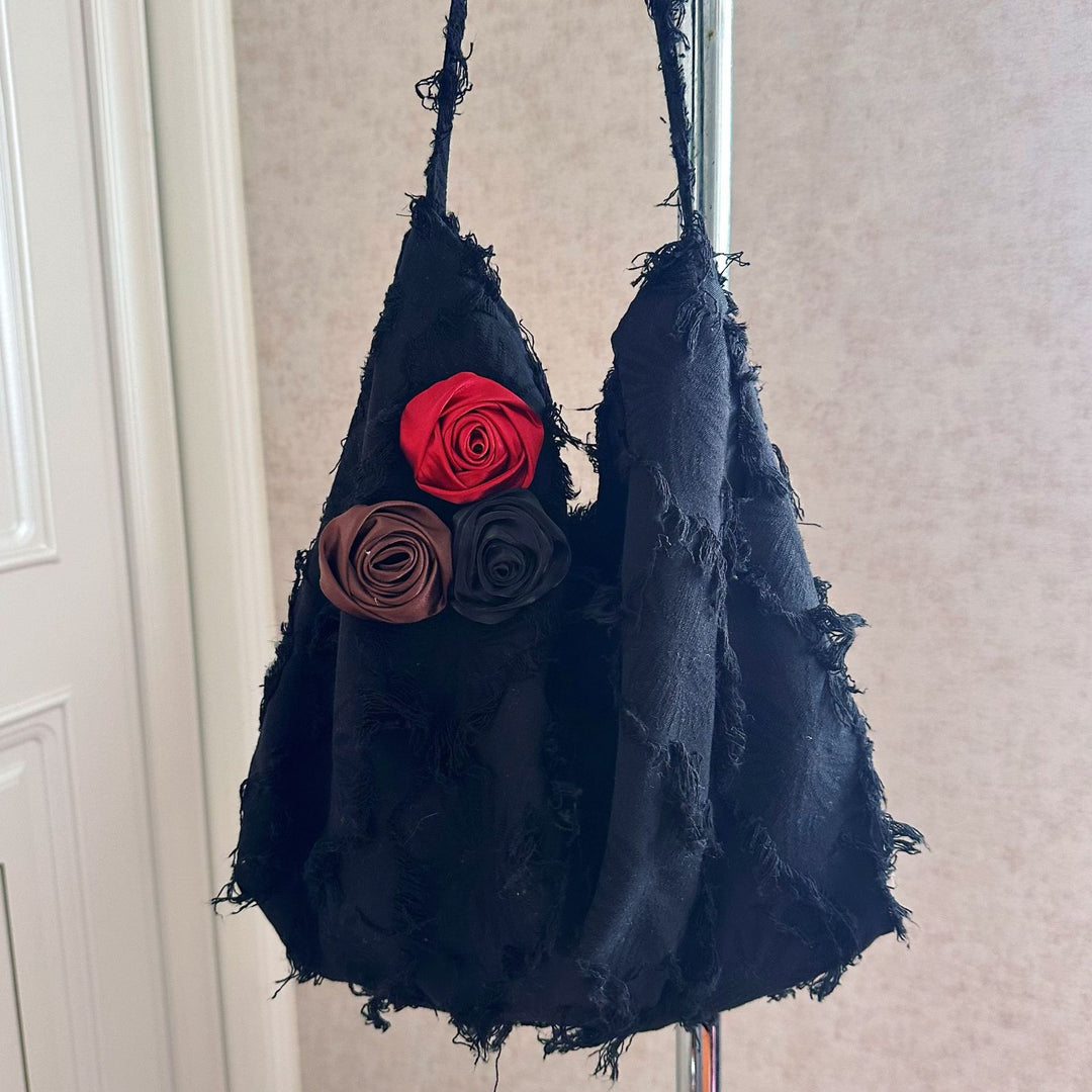 Linen Jacquard Crossbody Bag Rose Ruffle Tassel N6F101
