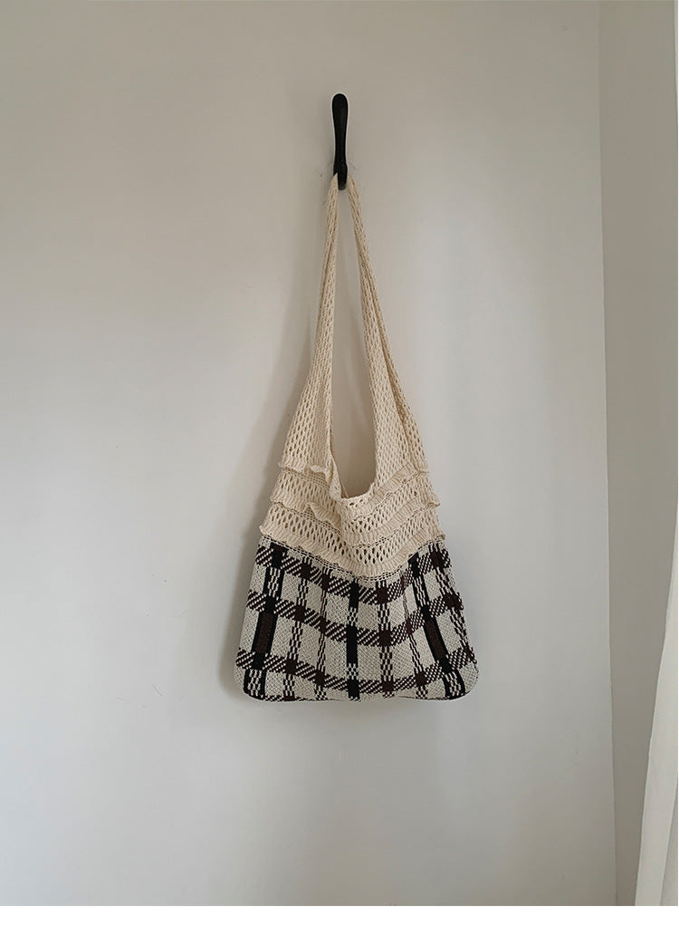 Gingham Openwork Knit Tote Bag Vintage Women N6C059