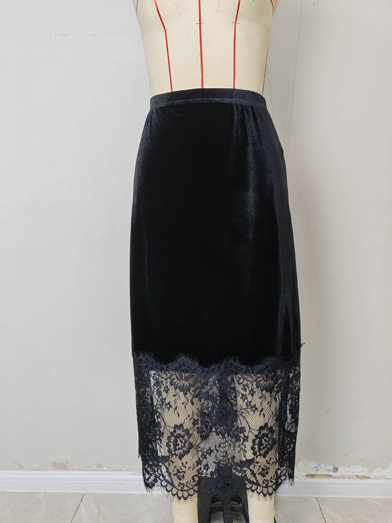 Velvet Lace High Waist Bodycon Midi Skirt Slit N6F195