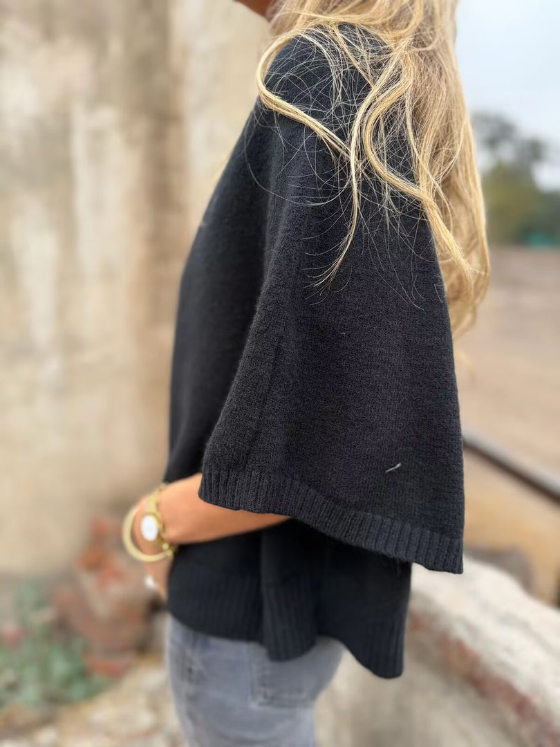 Cape Knit Cardigan Round Neck 3/4 Sleeve Ruffle Hem N6G284