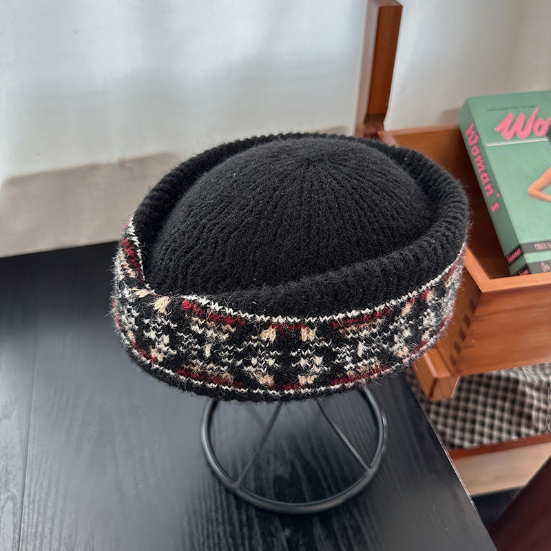Fair Isle Jacquard Pillbox Hat Knit Cap Women N6G211