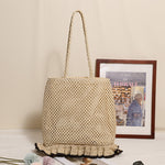 Load image into Gallery viewer, Ruffle Hem Openwork Straw Shoulder Bag with Zipper N6E055