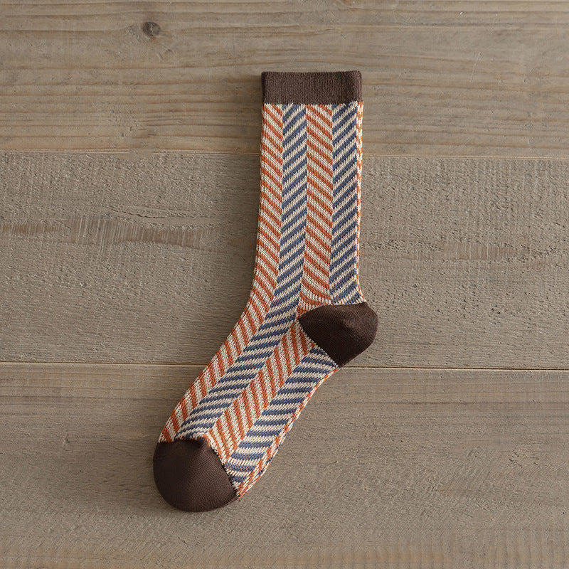 Double Needle Knit Plaid Mid-Calf Socks Women N6H023