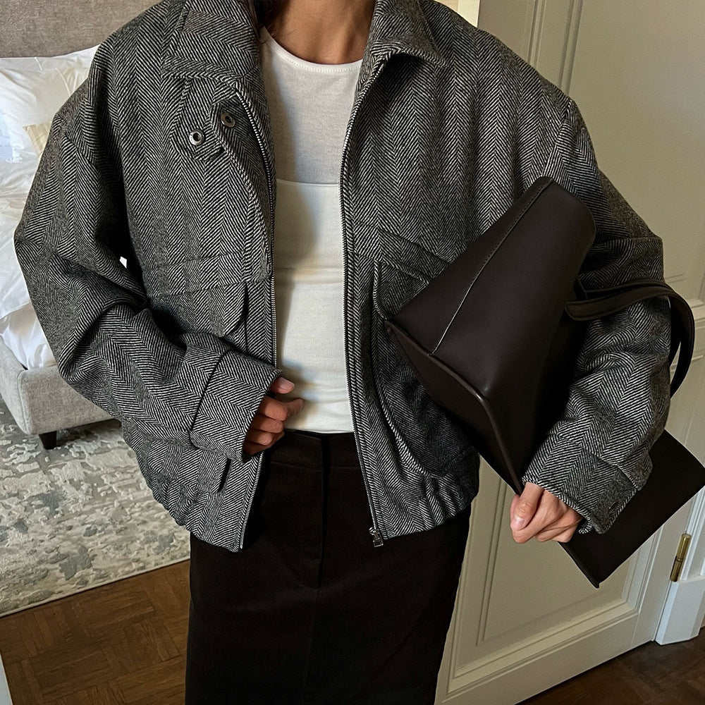 Herringbone Stand Collar Jacket Women N5A353