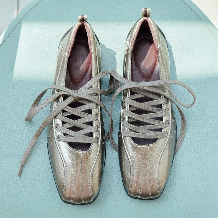 Silver Square Toe Ballet Mary Jane Flat Shoes Women N6G252