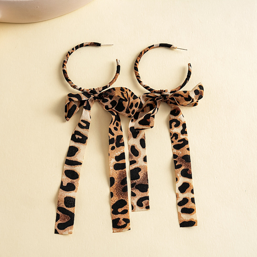 Womens Vintage Leopard Print Bow Tassel Fabric Stud Earrings N6K169