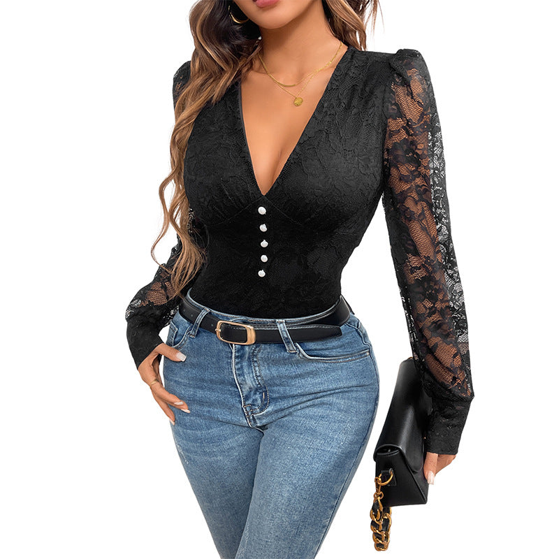 Deep V Neck Lace Bodysuit High Waist Short N5Z480