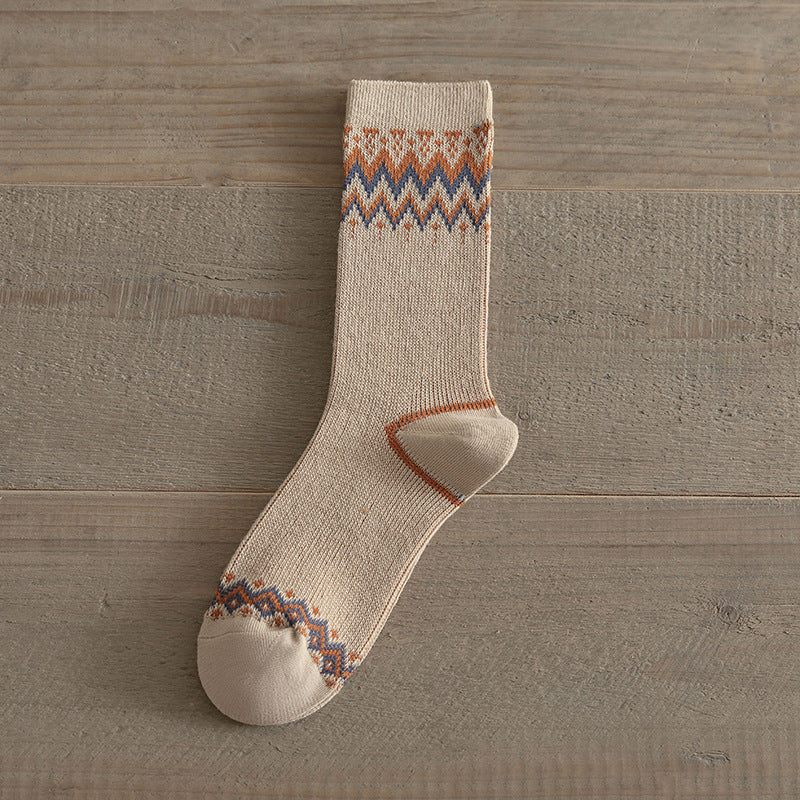Double Needle Knit Plaid Mid-Calf Socks Women N6H023