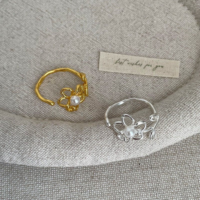 Textured Hollow Flower Pearl Ring Women Fashion N6H167