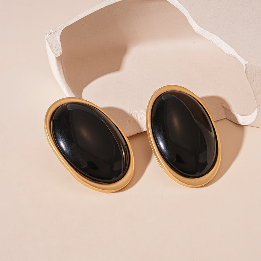 Vintage Resin Oval Geometric Silver Stud Earrings N6H089