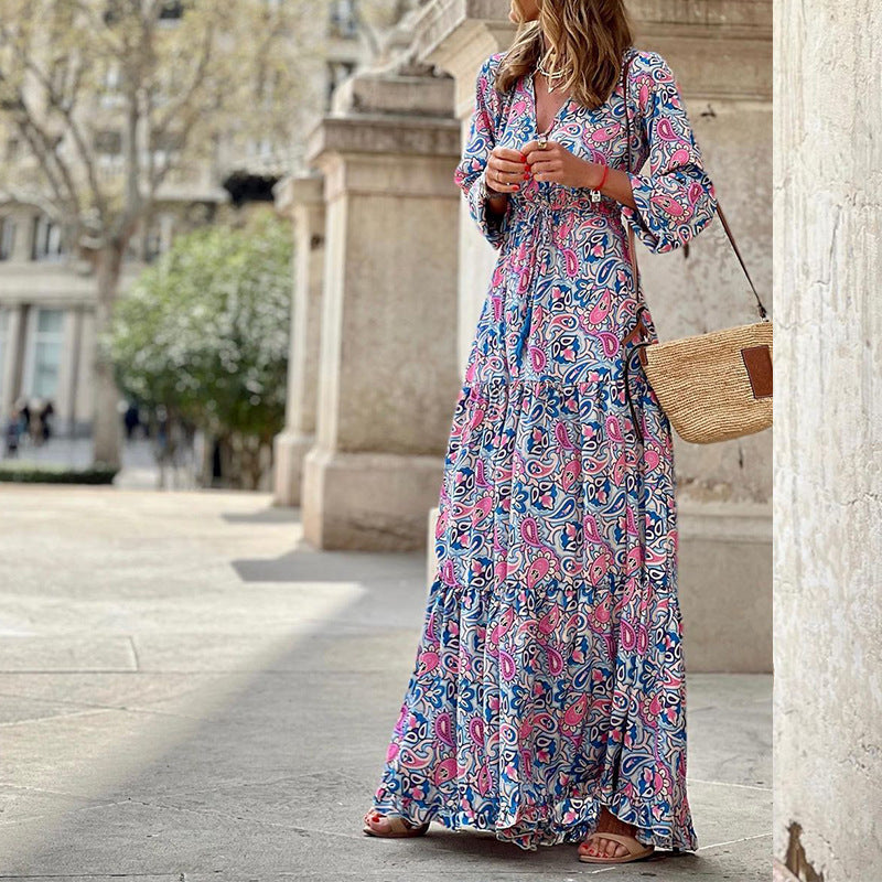 Bohemian Maxi Dress V Neck Long Sleeve N5Z124